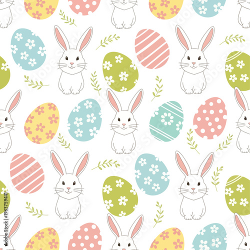 Ester seamless pattern with eggs and rabbit. Seamless pattern with bunny rabbit cartoons, daisy flowers, green grass and butterflies on green background vector.