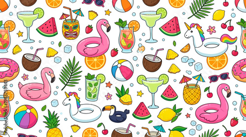 Bright tropical pattern featuring flamingos, fruits, drinks and vacation icons for vibrant design projects.