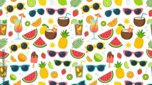Bright collage of tropical fruits and refreshing drinks with colorful beverage imagery.