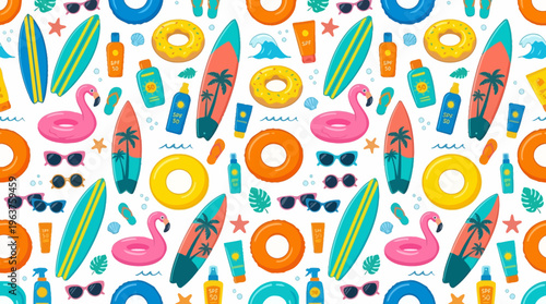 Vibrant Summer Pattern Featuring Surfboards, Flamingos, Pineapples and Donuts for Fabrics and Decor.