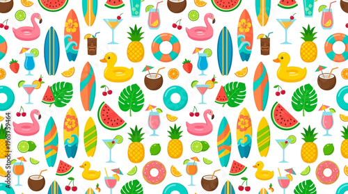 Vibrant tropical beach pattern featuring surfboards, fruits, and playful summer icons.