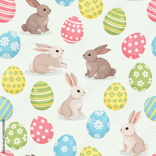 Ester seamless pattern with eggs and rabbit. Seamless pattern with bunny rabbit cartoons, daisy flowers, green grass and butterflies on green background vector.