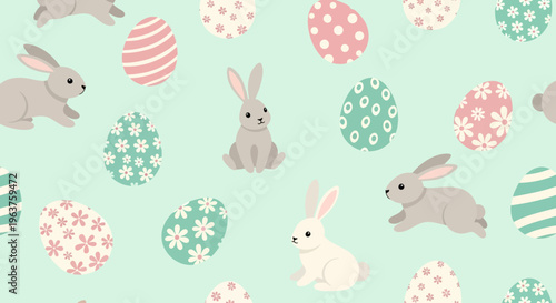Ester seamless pattern with eggs and rabbit. Seamless pattern with bunny rabbit cartoons, daisy flowers, green grass and butterflies on green background vector.