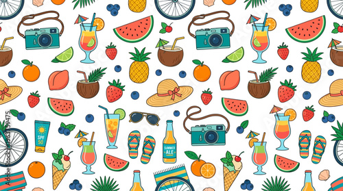 Colorful Tropical Fruit and Drink Pattern with Fresh Summer Illustrations.