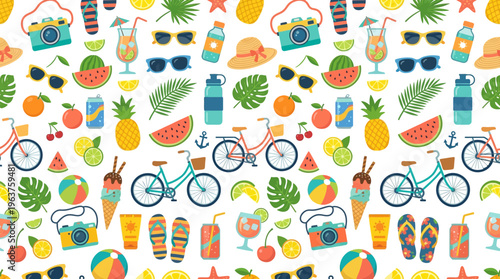 Colorful Seamless Pattern Featuring Fruits, Vegetables, Breads, and Refreshing Drinks with Bicycles.