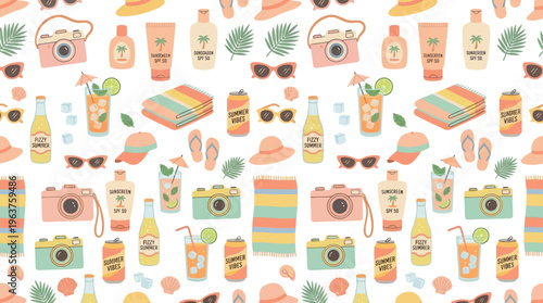 Colorful Pattern of Vintage Cameras, Books, Plants and Snacks on White Background for Graphic Resources.