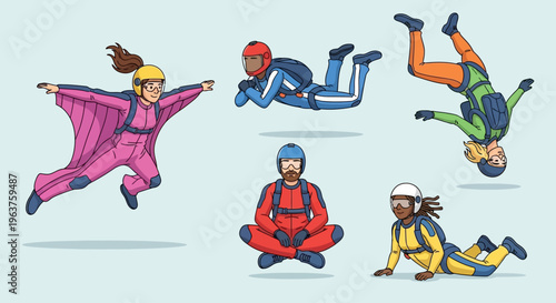 Flat vector set of professional skydivers isolated
