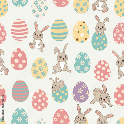 Ester seamless pattern with eggs and rabbit. Seamless pattern with bunny rabbit cartoons, daisy flowers, green grass and butterflies on green background vector.