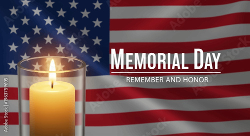 Memorial Day Banner with candle and the United States official flag on background