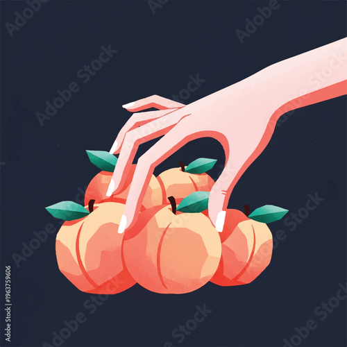 Hand picking ripe peaches from a pile, healthy fruit, summer harvest, organic food, fresh produce, vibrant colors