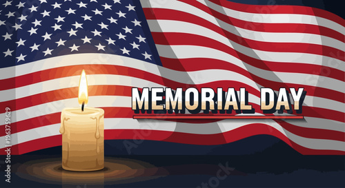 Memorial Day Banner with candle and the United States official flag on background