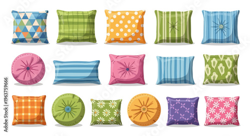 Pillow big set with decorative pattern, flat cartoon style. Interior textile. Pillows for sofa, bed, sleep. Feather, bamboo eco fabric. Colorful cushion various shapes design