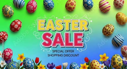 Easter Sale Promotional Banner with Colorful Decorated Eggs and Spring Flowers on Green and Blue Gradient Background.