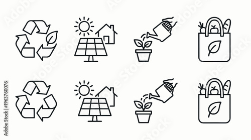 eco lifestyle elements, line style, consistent stroke, includes recycling, solar panel, plant care, reusable bag