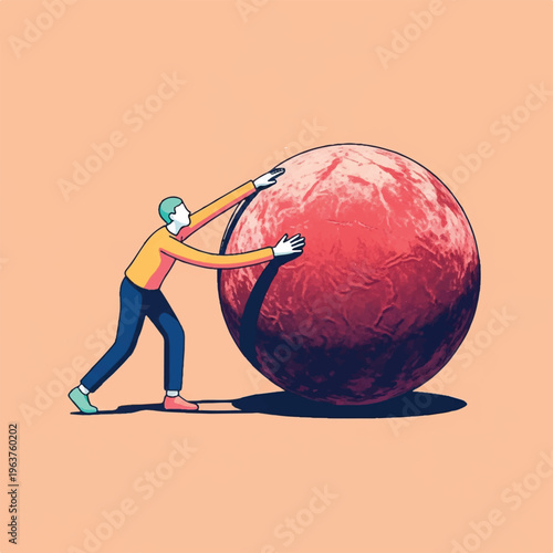 Man pushing a large red textured sphere uphill, symbolizing effort, challenge, and overcoming obstacles.