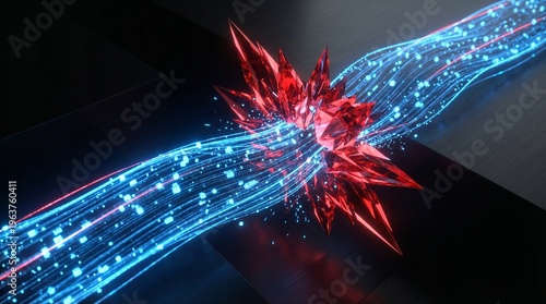 Abstract 3D concept of red cyber threat intercepting blue data stream