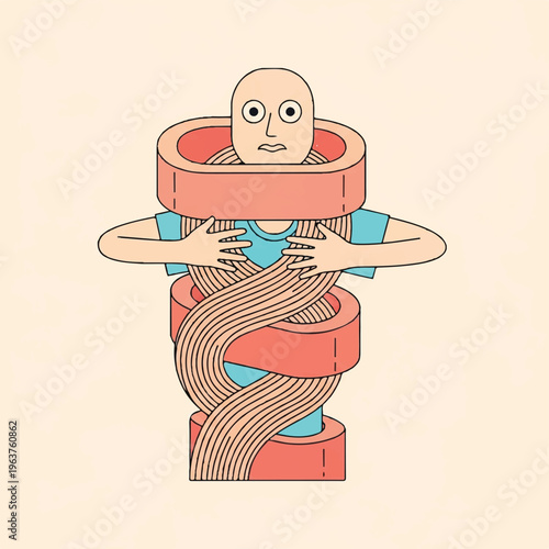 Cartoon illustration of a person tangled in a complex, noodle-like substance and rings, symbolizing overwhelming stress, anxiety, and being trapped by problems.