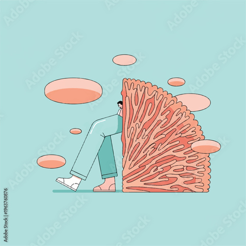 Minimalist illustration depicting a person's legs partially concealed by an intricate organic coral-like structure, symbolizing introspection, mental health, and self-discovery.
