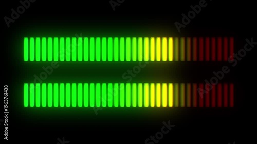 Dynamic Green Horizontal audio spectrum equalizer bars. Pulsing music visualization on black background. Digital frequency equalizer sound signal visualization. Frequency level indicator