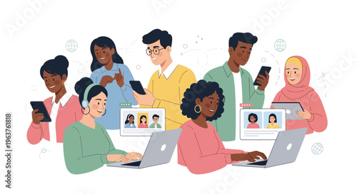 Diverse people using digital devices.
