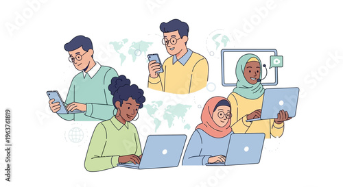 Diverse people using digital devices together.
