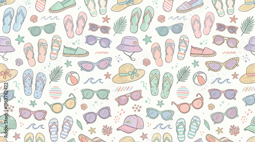 Seamless pastel beach pattern with flip-flops hats and shells.