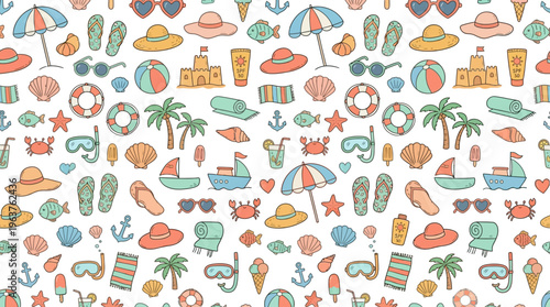 Seamless summer beach pattern with colorful travel and vacation icons.