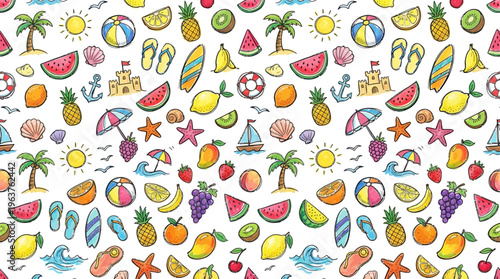Colorful seamless summer tropical icons pattern with fruits and beach motifs.