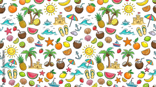 Seamless colorful summer beach icons pattern with tropical motifs.