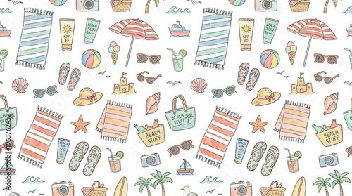 Seamless summer beach pattern with colorful vacation essentials and playful motifs.