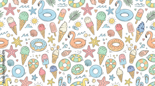 Seamless pastel summer beach pattern with playful icons and treats.
