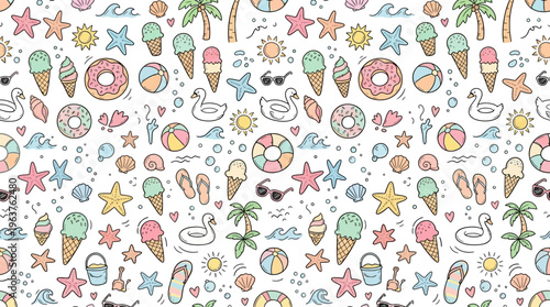 Colorful seamless summer beach doodle pattern with tropical icons.