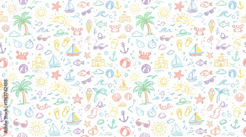 Pastel nautical seamless pattern with beach and ocean icons.