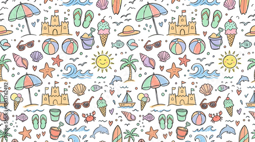 Colorful seamless summer beach doodle pattern with umbrellas and sandcastles.
