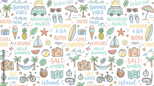 Cute pastel seamless summer doodle pattern with beach and travel icons.