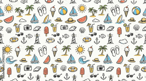 Seamless hand drawn summer vacation travel icons pattern background.
