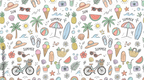 Seamless summer doodle pattern with beach and tropical icons.