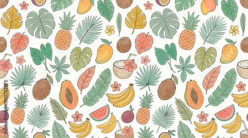 Seamless handpainted tropical fruit and leaf pattern wallpaper.