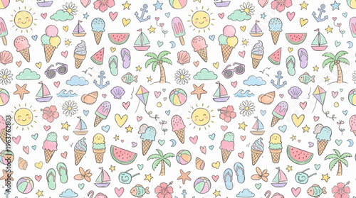Seamless pastel summer beach pattern with playful tropical icons.