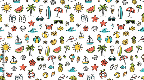 Hand-drawn seamless summer beach icons pattern with colorful doodles.