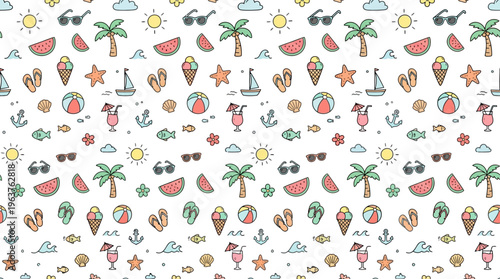 Hand-drawn colorful seamless summer beach icons pattern.
