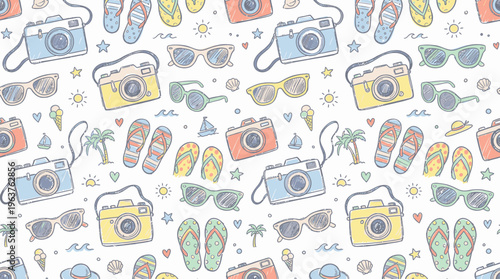 Seamless summer travel pattern with cameras sunglasses and flip-flops.