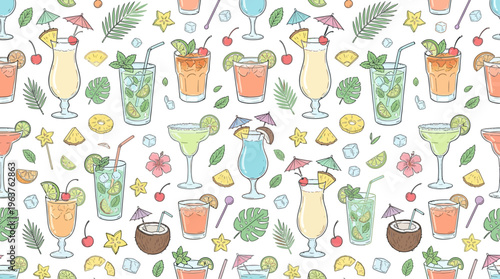 Seamless tropical cocktail and summer fruit pattern background.