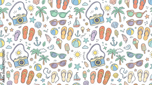 Hand-drawn seamless summer beach pattern with tropical motifs and accessories.