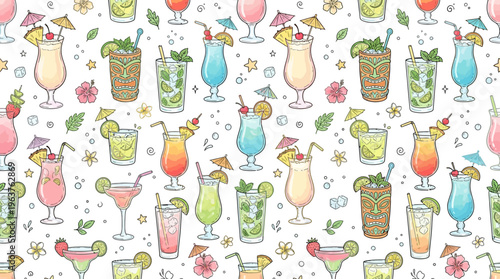 Seamless tropical cocktail pattern with colorful flamingos and fruits.