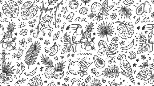 Hand-drawn seamless tropical fruit and leaf pattern in monochrome.