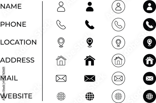 Contact Information Icons Set - User, Phone, Location, Address, Mail, Website Vector Icons.