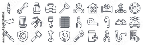Set of 30 automotive and repair service thin line icons including spark plug, wrench, toolkit, speedometer, gearshift, measure tape, tools and mechanical equipment