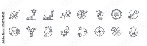 Foto collection of 16 thin line business coaching icons including goal, learning, per