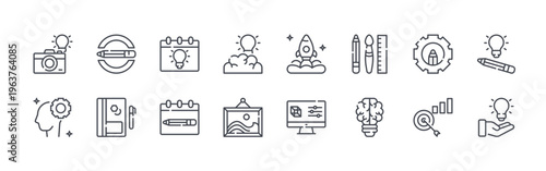 collection of 16 thin line creativity icons including photography, innovation, pencil, sketch book, calendar, world creativity and innovation day, brainstorming, art, rocket. editable